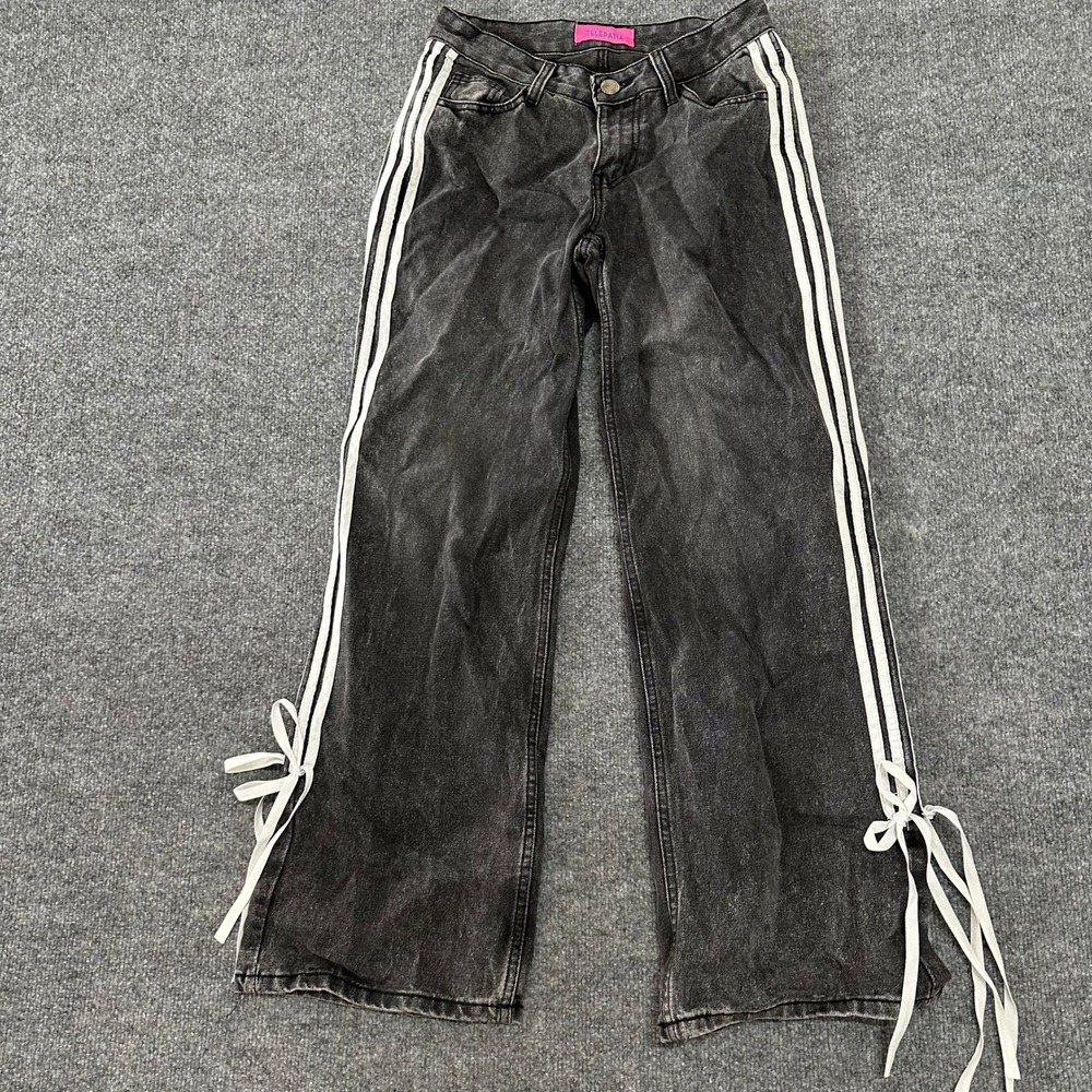Telepatía Jeans Womens Size 1/25 Black Lyocell Blend Wide Leg Stripe Ribbon Tie